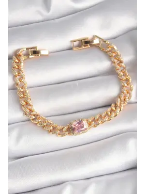Pirinç Gold Renk Pembe Kare Zirkon Taşlı VIP Seri Kadın Bileklik