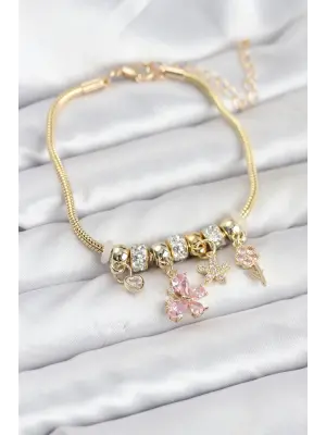 Çelik Gold Renk Pembe Kelebek Charmlı Kadın Bileklik