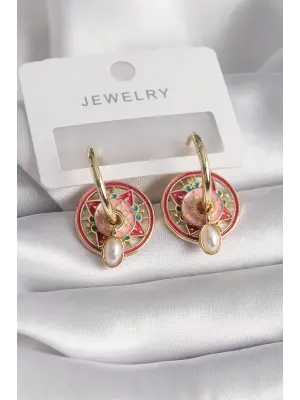  Altın Pembe Kırmızı Renkli İnci Detay Motif Model Çelik Küpe