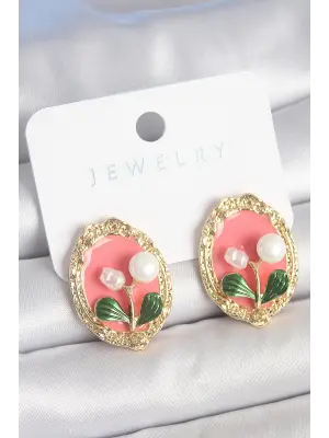 Pirinç Gold Renk Pembe Mineli İncili Çiçek İşlemli Portre Model Kadın Küpe