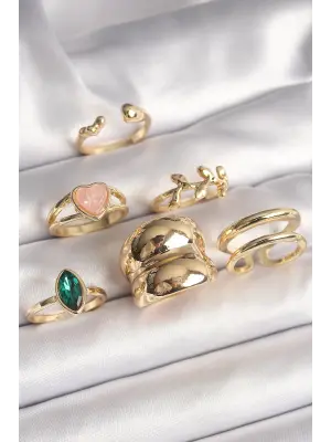  Altın Pembe Mineli Kalp Figür Yeşil Zirkon Taşlı 6Lı Kadın Küpe Seti