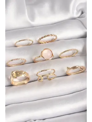 Pirinç Gold Renk Pembe Mineli Kemer Model Kadın Yüzük Kombini