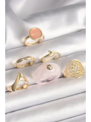  Altın Pembe Plastik Yüzük Model Daire Pembe Mine Yılan Detay 6Lı Çelik Yüzük Seti