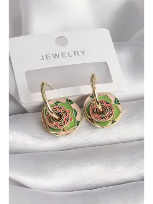  Altın Pembe Yeşil Renkli Motif Model Çelik Küpe