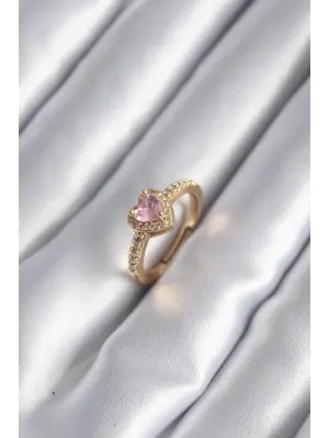  Altın Pembe Zirkon Taş Kalp Charm Model Çelik Yüzük