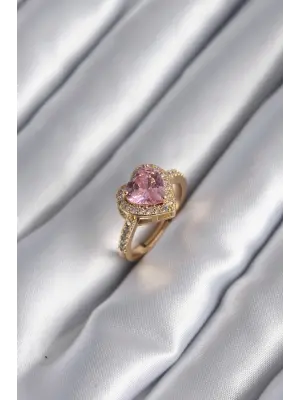  Altın Pembe Zirkon Taşlı Charm Kalp Model Çelik Yüzük