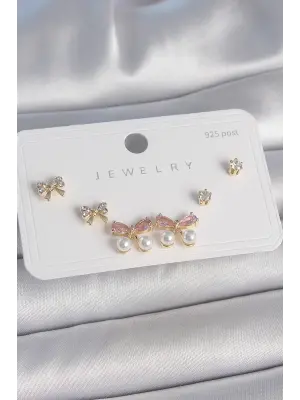 Pirinç Gold Renk Pembe Zirkon Taşlı Fiyonk Model İnci Detay 925 Ayar Gümüş Çivi Kadın Küpe Seti