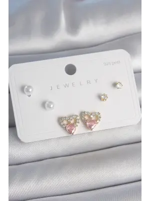 Pirinç Gold Renk Pembe Zirkon Taşlı Kalp Model İnci Detay 925 Ayar Kadın Küpe Seti
