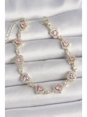 Pirinç Gold Renk Pembe Zirkon Taşlı Kalp Model VIP Seri Kadın Bileklik