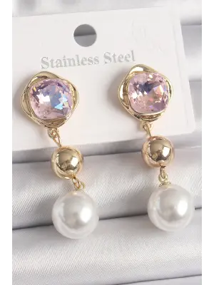  Altın Pembe Zirkon Taşlı Sallantı İnci Detay Çelik Küpe