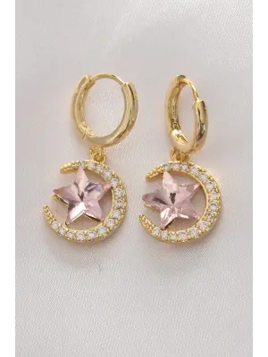  Altın Pembe Zirkon Taşlı Yıldız Detay Ay Küpe