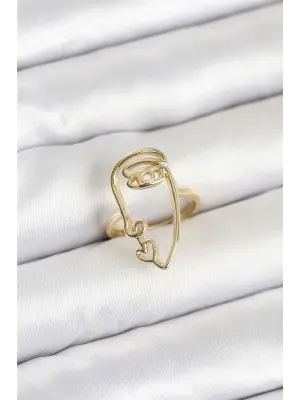 Pirinç Gold Renk Picasso Tarzı Tek Çizgi Yüz Model Kadın Yüzük