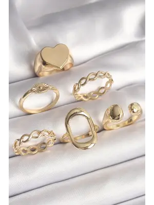  Altın Plaka Kalp Model Göz İşleme Detayı 6Lı Çelik Yüzük Seti