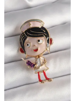 Pirinç Gold Renk Renkli Hemşire Model Kadın Broş