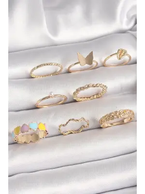 Pirinç Gold Renk Renkli Kalp Model İnci Detay Kadın Yüzük Kombini