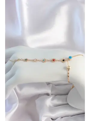 Pirinç Gold Renk Renkli Taşlı Çiçek Model Nazar Boncuk Detay Şahmeran