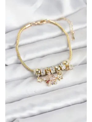 Çelik Gold Renk Renkli Yıldız Charmlı Kadın Bileklik