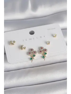 Pirinç Gold Renk Renkli Zirkon Taşlı Çiçek Model Yaprak Detay 925 Ayar Gümüş Çivi Kadın Küpe Seti