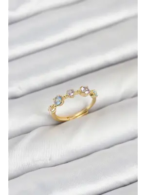 Pirinç Gold Renk Renkli Zirkon Taşlı Kadın Yüzük