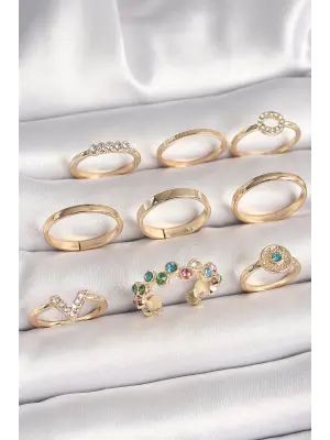 Pirinç Gold Renk Renkli Zirkon Taşlı Kadın Yüzük Kombini