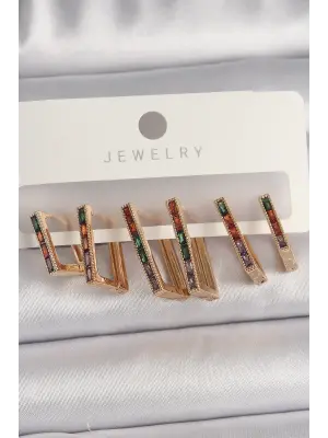  Altın Renkli Zirkon Taşlı Kare Model Çelik Küpe Seti