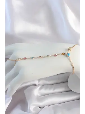 Pirinç Gold Renk Renkli Zirkon Taşlı Nazar Boncuk Detay Şahmeran