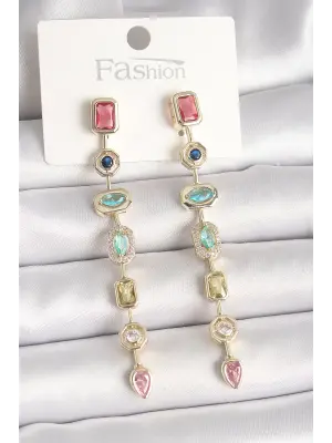 Pirinç Gold Renk Renkli Zirkon Taşlı Sallantı Model Kadın Küpe