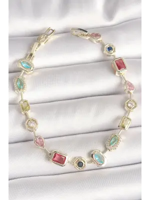 Pirinç Gold Renk Renkli Zirkon Taşlı VIP Seri Kadın Bileklik