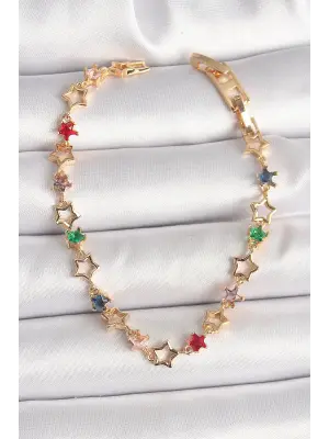 Pirinç Gold Renk Renkli Zirkon Taşlı Yıldız Model Kadın Bileklik