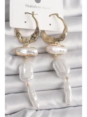  Altın Sallantı Ezme İnci Model Çelik Küpe