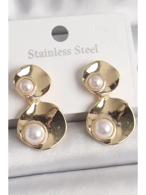  Altın Sallantı İnci Detaylı Daire Plaka Model Çelik Küpe