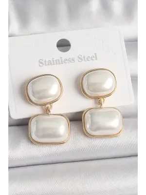 Altın Sallantı İncili Kare Model Çelik Küpe