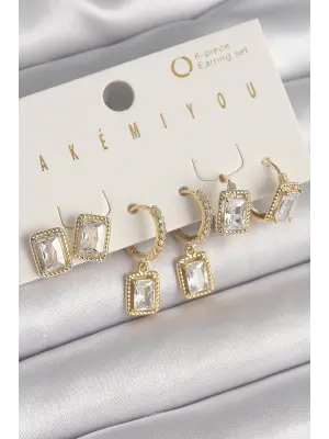  Altın Sallantı Kare Zirkon Taşlı VIP Seri Çelik Küpe Seti