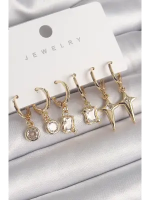  Altın Sallantı Kare Zirkon Taşlı Yıldız Model Çelik Küpe Seti