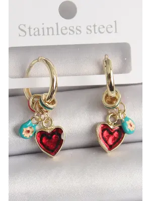  Altın Sallantı Kırmızı Kalp Model Çiçek Detay Çelik Küpe