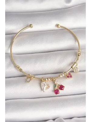 Pirinç Gold Renk Sallantı Kırmızı Zirkon Taşlı Kiraz Figür Charm Kadın Bileklik