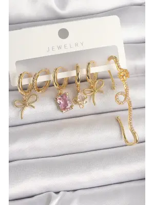 Pirinç Gold Renk Sallantı Kurdele Model Pembe Kare Zirkon Taşlı Kadın Küpe Seti