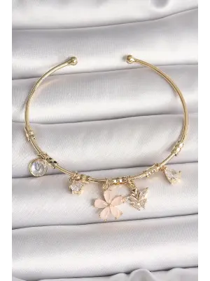 Pirinç Gold Renk Sallantı Pembe Mineli Çiçek Figür Zirkon Taşlı Kelebek Detay Charm Kadın Bileklik