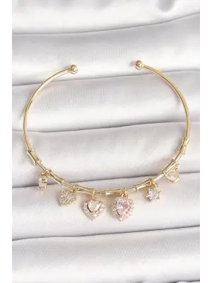 Pirinç Gold Renk Sallantı Pembe Zirkon Taşlı Kalp Figür Charm Kadın Bileklik