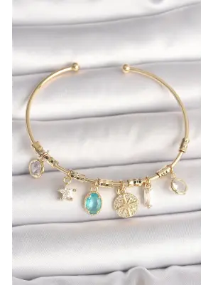 Pirinç Gold Renk Sallantı Zirkon Taş Detaylı Pusula Figür Charm Kadın Bileklik