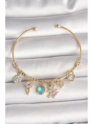 Pirinç Gold Renk Sallantı Zirkon Taşlı AYıcık Figür Kalp Detay Charm Kadın Bileklik