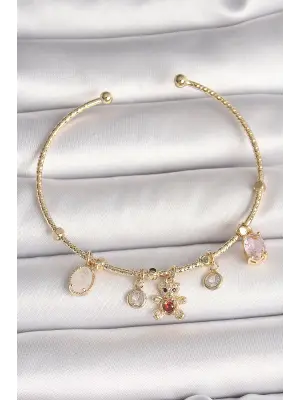 Pirinç Gold Renk Sallantı Zirkon Taşlı Ayıcık Figür Kırmızı Kalp Detay Charm Kadın Bileklik