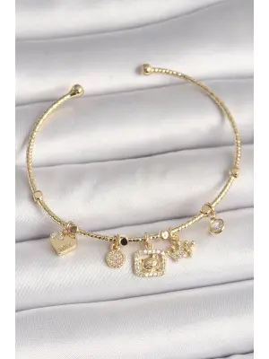 Pirinç Gold Renk Sallantı Zirkon Taşlı Ayıcık Figür Taç Detay Charm Kadın Bileklik