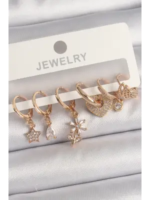  Altın Sallantı Zirkon Taşlı Çiçek Kalp Figür Çelik Küpe Seti