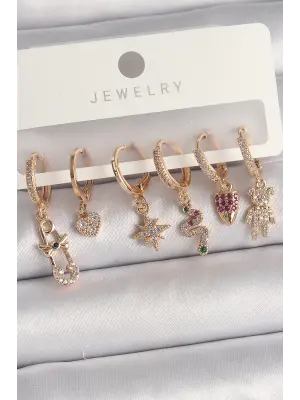  Altın Sallantı Zirkon Taşlı Çoklu Figür Çelik Küpe Seti