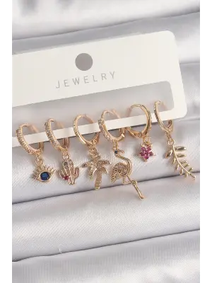  Altın Sallantı Zirkon Taşlı Deve Kuşu Figür Çoklu Çelik Küpe Seti