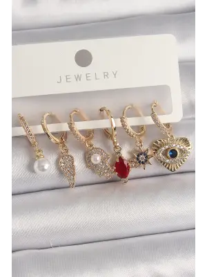 Altın Sallantı Zirkon Taşlı Fatma Ana El Figür Çelik Küpe Seti