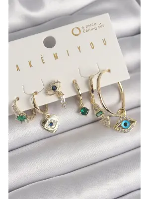  Altın Sallantı Zirkon Taşlı Göz Figür VIP Seri Çelik Küpe Seti