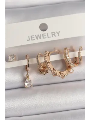  Altın Sallantı Zirkon Taşlı Halka Model Damla Zirkon Taş Detay Çoklu Çelik Küpe Seti