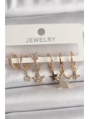  Altın Sallantı Zirkon Taşlı Çelik Küpe Seti